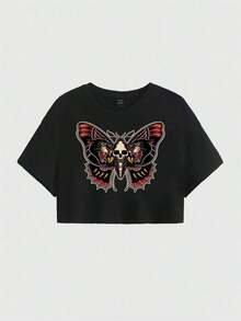 SNAP SUPPLY11 Goth Skull & Butterfly Graphic Loose Fit Short Sleeve Round Neck Women T-Shirt, Suitable For Summer - 黑色 - 查看 5