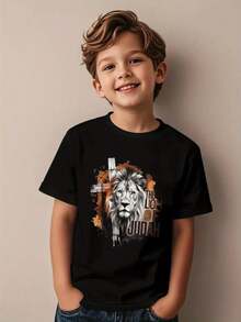 Boys' Christian Faith T-Shirt - Lion of Judah Graphic Tee with Cross & Lion of Judah Design, Heavyweight 220gsm Shirt for Church, Sunday School - Negro - Ver 1