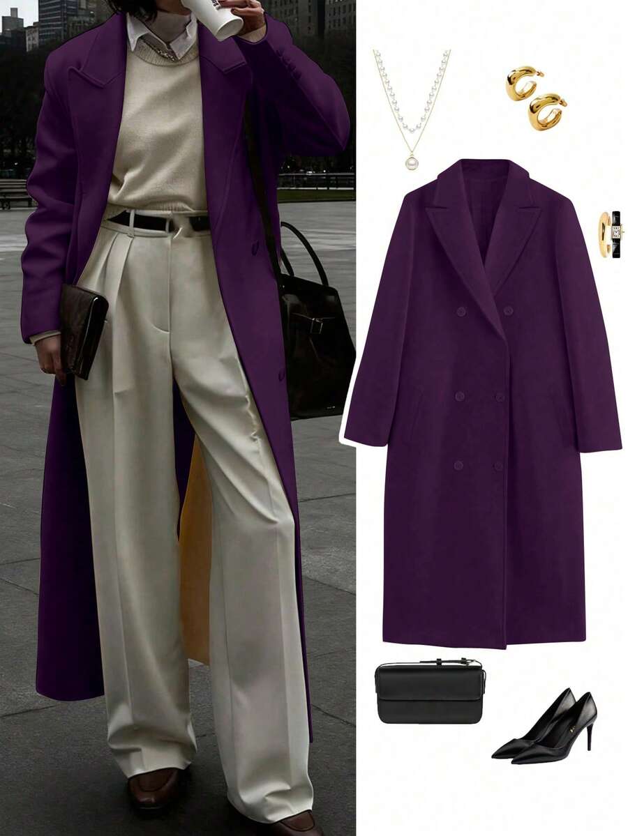 Autumn/Winter New Fashion Women's Loose Fit Elegant Wool-Blend Double-Breasted Windbreaker Coat - Dark Purple - View 1