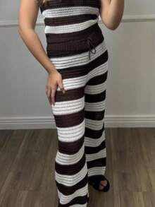 Beach Cover-Up Pants, Drawstring, Striped, Crochet, Blogger Style, Luxury Knitwear, Elegant, Women's Fashion, Summer, Casual, Beach Vacation - 咖啡棕 - 查看 2