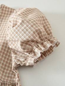 Girls Lace Plaid Puff Sleeve Casual Dress, Suitable For 3-7 Years Old Girls In Summer - Khaki - View 6