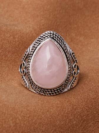 1 pieza Anillo de mujer vintage con gota de plata chapada y cuarzo rosa