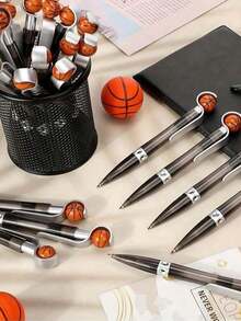 6pcs Basketball Ballpoint Pens - Retractable Plastic Round Pen Body, Black Ink, Student Stationery, Suitable For School And Office Use, Soft Grip Pen, Back To School Essential, Holiday Gift, Student Prize - Multicolor - View 2