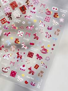 1pc Cute Cartoon Pony Bear Red Flower Firework Bow Lucky Bag Cake Press-On Nail Stickers 5D Nail Art Celebration Festive Whimsical Self Adhesive Nails For Women's Joyful DIY Manicure Decals - Multicolor - View 10