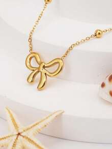 1pc Stainless Steel Jewelry Set – Gold Bowknot Pendant With Bead Chain, Simple Cute Fashion Necklace For Girls, Versatile High-End Minimalist Bow Pendant Piece - 金色 - 查看 6