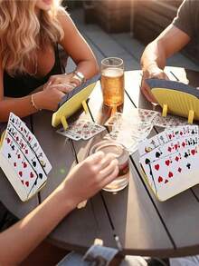 三层可折叠扑克牌架，免提扑克托盘，带可调节桌面支架，扇形设计，适用于纸牌游戏、扑克派对和家庭纸牌游戏之夜 - 成人皮诺克尔牌架 - 彩色 - 查看 11