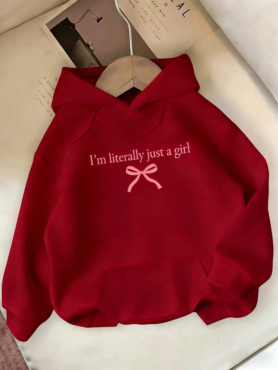 Women'S Casual Hoodie With I'Literally Just A Print & Pink Bow Detail - Cozy Black Pullover With Pockets, Fall & Winter, Everyday Comfort Apparel | Playful Statement Hoodie | Soft Texture Hoodie,Hoodies For Women - 紅色 - 查看 1