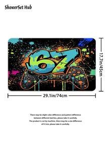 1/3/4pcs Gaming Controller Graffiti Number 67 Shower Curtain Bathroom Sets,Cool Gamer Waterproof And Wear-Resistant Accessories,With 12 Hooks - Includes Toilet Seat Cover, Bath Mats, And Rugs - Plastic Fabric - Washable,Mildew-Resistant - Perfect For Holiday Decor,Home/Bedroom/House/Western/Spring Decor,