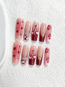 10Pcs Valentine's Day Nail Set,French Manicure Press-On Nails,Mid-Length Almond Nail Art Stickers,Hand-Drawn Hearts Nails,Rose Red Nails,Includes Nail Tools,3 Sizes Available,Almond Nails , Duck Nails,Coffin Nails For Party, Dance, Daily Wear. - 彩色 - 查看 19