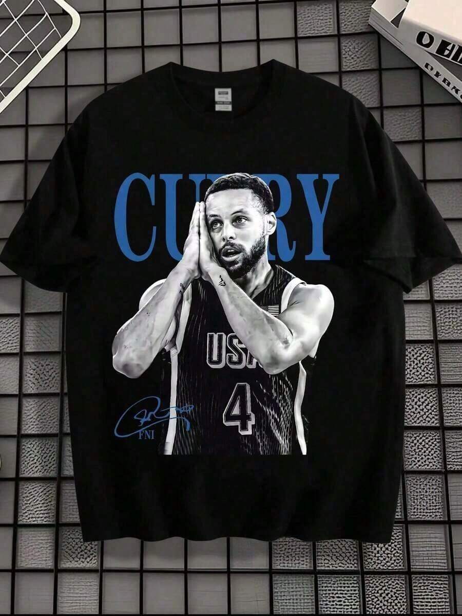 Curry, Men's Basketball Star, Signature Printed Sports And Casual Loose Cotton Short Sleeve T-Shirt Usa4 - 黑色 - 查看 1