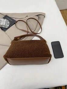 1个女士新款新月形手提包，秋冬季时尚简约人造毛皮托特包，适合约会、送礼、通勤、购物，复古手提包，单肩包 - 棕色 - 查看 4