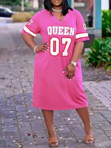 Summer Fashion Letter Print Loose V-Neck Dress - Hot Pink - View 3