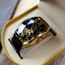 GUANQIN Retro Barrel Shaped Large Dial Mechanical Watch For Men, Fashion Minimalist Hollow Dial Dress Watch, Suitable For Halloween, Christmas, Father's Day, Valentine's Day, Students, Festivals, Dates, Business, Daily Wear, Gifts - 黑色 - 查看 1