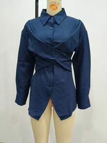 Women's Minimalist Criss-Cross Strap Multi-Wear Solid Color Shirt - Royal Blue - View 1
