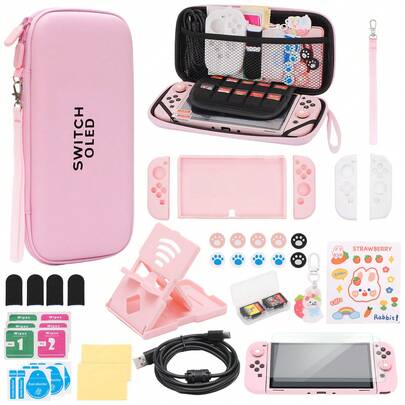 Kit de accesorios para el modelo OLED de NintendoSwitch, incluye funda de transporte, Paquetes de alcohol,Tela sin polvo,Pegatinas,llavero colgante,Stent,Caja de tarjetas,Pegado sin polvo,Bolsa,Funda de dedo,Manga de poste remoto multicolor,Protector de silicona para Joy-con,Carcasa trasera transparente,Manguito de agarre transparente,Linea de datos,Pelicula templada(35 en 1)