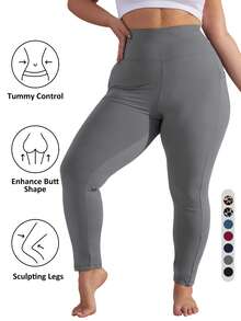 Pantalon de yoga taille haute avec poches, legging de yoga de contrôle du ventre pour le sport et la course, pour femmes grande taille - Gris - Voir 3