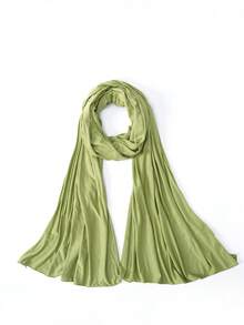 1件柔软纯色针织头巾，丝棉混纺围巾，穆斯林头巾 - 青檸色 - 查看 2