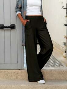 Women's Solid Elegant Wide-Leg Pants With Elastic Waist – Daily, Lounge & Travel Style - 黑色 - 查看 1