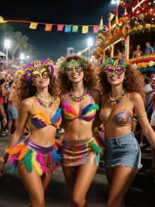 6Pcs Carnival Party Masks, In Gold And Green, With Feathers. Party Dance Masks, Carnival Party Decorations, Carnival Performance Props, Carnival Party Photo Props. - Multicolor - View 2