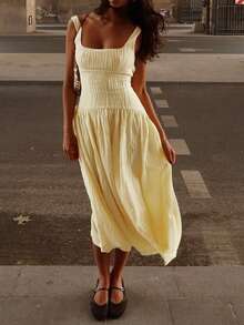 Onas 束腰细肩带 U 领 A 字超大裙摆连衣裙，夏季度假装，夏季连衣裙，女士度假装，黄色女式连衣裙 - 黃色 - 查看 1