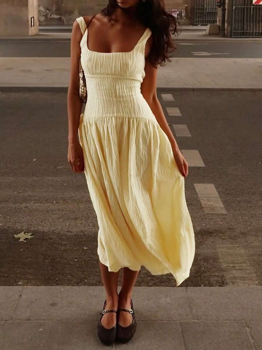 Onas 束腰细肩带 U 领 A 字超大裙摆连衣裙，夏季度假装，夏季连衣裙，女士度假装，黄色女式连衣裙 - 黃色 - 查看 1