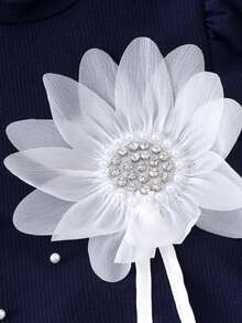 2pcs/Set Toddler Girls' Casual Pearl Decor Floral Round Neck Long Sleeve Top And Pleated Skirt Set, Spring/Autumn - Royal Blue - View 6