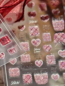 1pc Glitter Sequins Tweed Texture Sweet Heart Plaid Press-On Nail Stickers 5D Nail Art Cozy Festive Romantic Self Adhesive Nails For Women's Chic DIY Manicure Decals Nail Supplies - Multicolor - View 8