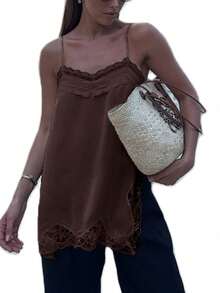 Women Y2k Lace Patchwork Satin Camisole Tops Chiffon Split Sleeveless Spaghetti Strap Tank Tops Flowy Silky Layering Tops Going Out Dress Shirt Camisoles Streetwear Aesthetic Clothes - 棕色 - 查看 3