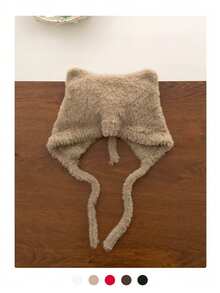 1顶可爱猫耳仿毛针织帽，女士纯色针织帽，编织保暖内衬耳罩帽，多功能手工钩编马尾辫针织帽 - 小尾巴 - 查看 12