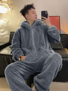 [Fast Shipping] [New For Spring/Summer] School Trip Loungewear, Loungewear, Fall/Winter, Ultra Warm, Soft To The Touch, Can Be Worn Outside, Perfect As A Gift For Friendships, Pullover Pajama Set, Thick, Loose Fit, Long Pants, Warm And Warm, Solid Color, Perfect For Students - 藏蓝色 - 查看 2