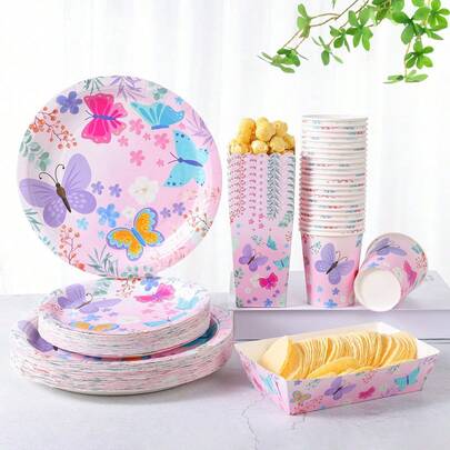 色彩缤纷的花卉蝴蝶图案一次性餐盘、杯子、爆米花盒、食品容器套装，适合24位客人，一次性纸盘派对餐具套装，适用于生日、婚礼、派对、家庭野餐