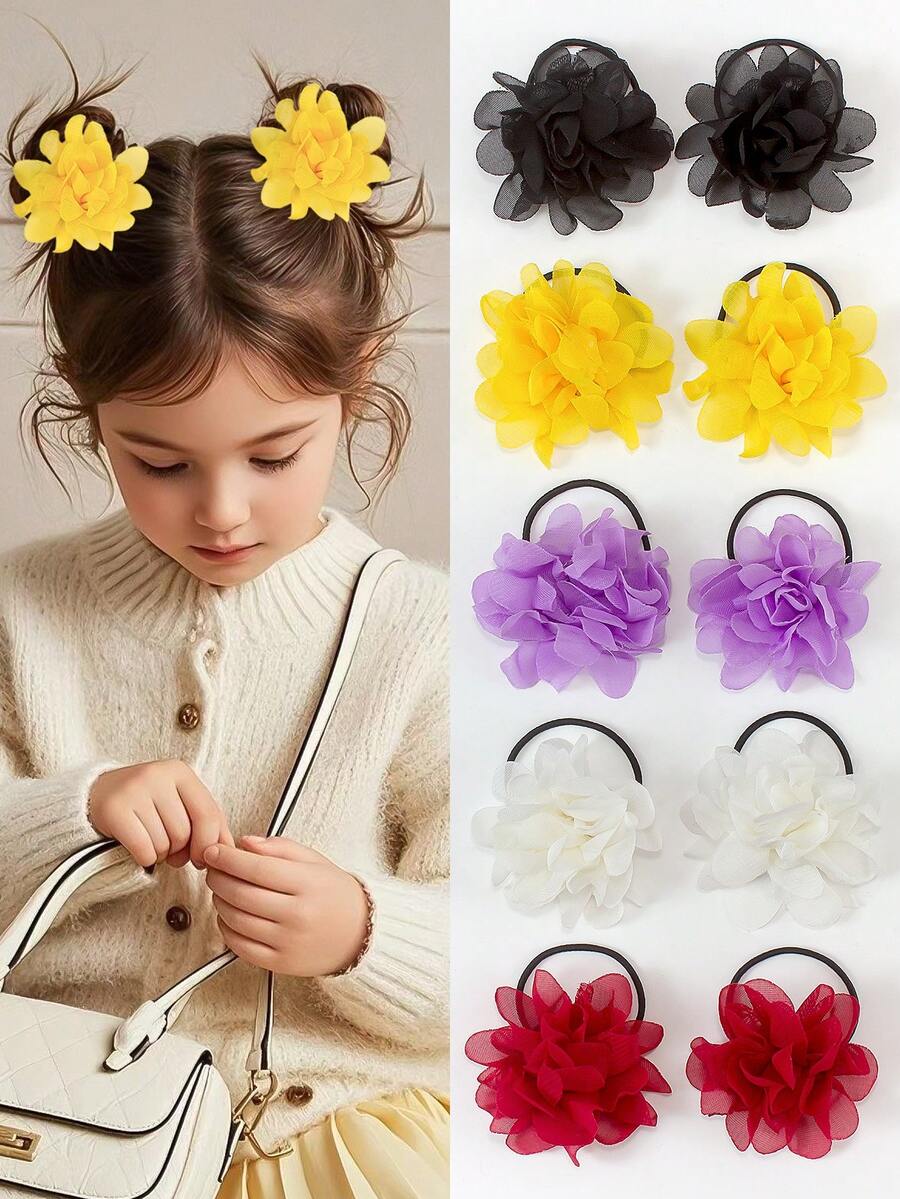 10个彩色3D雪纺花朵发圈，超仙女玫瑰花发绳，高弹力不伤发，可爱女孩日常及派对发饰