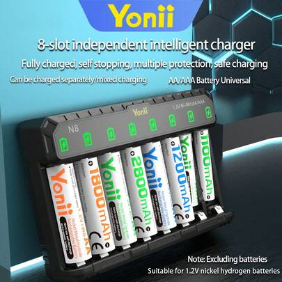 Yonii Cargador de batería rápido de 8 ranuras, compatible con baterías recargables 18650/AA/AAA, adecuado para juguetes, dispositivos domésticos y talla grande