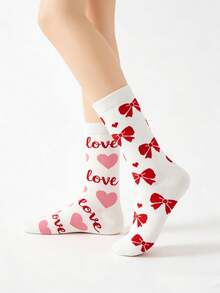 1 par de calcetines de media caña para mujer con diseño de corazón y lazo, diseño dulce y sencillo, cómodos y suaves, adecuados para uso diario, fiestas, viajes, citas - Rojo y blanco - Ver 2