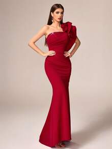 VIPGIRL Elegante e lussuoso abito da sera lungo e morbido di colore rosso, decorato con rose 3D e dettagli in paillettes, per donna - Bordò - Visualizzare 10