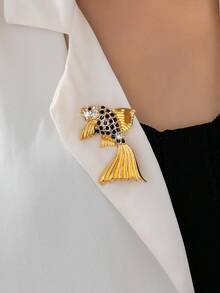 1pc Fashionable Gold-Color Black Diamond Koi Fish Brooch - Gold and Black Diamond Koi Brooch - View 2