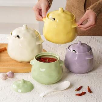 Ceramic Pig-Shaped Lard Pot With Lid, Heat-Resistant Chili Pot, Oil Splash Chili Pot, Salt Pot, Seasoning Pot For Home Use