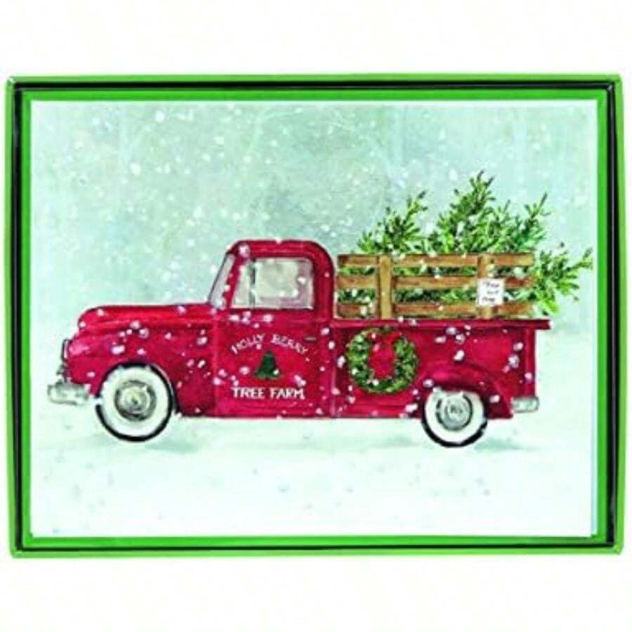 Graphique Tarjetas para bicicleta con cesta | Paquete de 15 tarjetas con sobres | Saludos de Navidad | Colección La Petite Noel | Grabado y detalles de lámina dorada | Juego en caja | 3.25 x 4.75 pulgadas(Granja de árboles) - Multicolor - Ver 1