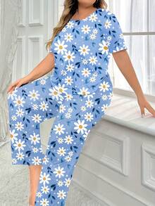 Blue Small Daisy Print Large Size Fashionable Women's Pajamas - Mixed Colors - View 6