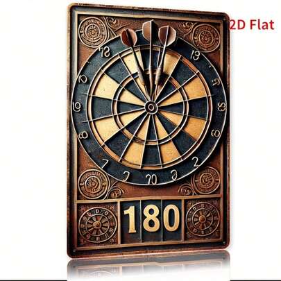 1件装 2D 复古飞镖靶金属标牌 - 2D 扁平铁艺墙饰，飞镖靶和记分牌设计，适用于酒吧、咖啡馆、海滨别墅和后院小屋，8英寸 x 12英寸，游戏室装饰 | 复古风格标牌 | 精致雕刻，是房间装饰的完美之选