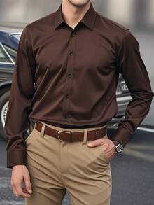 Camisa formal de manga larga de unicolor con diseño de botones para hombre - Café integral - Ver 4