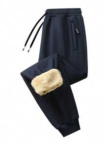 Pantalones deportivos de invierno con forro térmico para hombres, cintura ajustable con cordón, bolsillos laterales, estampado de moda, adecuados para actividades al aire libre, uso diario, viajes, regalo del Día de San Valentín - Azul Marino - Ver 7