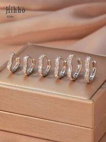 Hihho Bộ 6 khuyên tai đính đá Zirconia hình trái tim cho nữ, Quà tặng trang sức quyến rũ, Thích hợp để đeo nhiều lớp hoặc đeo một lần - Bạc - Xem 2