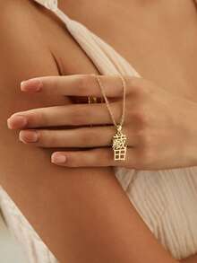 Personalised Fashion Customisable Japanese Name And English Name Pendant Necklace, Minimalist Jewellery Adornment, Unisex Design, Timeless Classic, Party, Banquet, Wedding, Beach Holiday Jewellery, Minimalist Elegant Style. - Yellow Gold - View 4