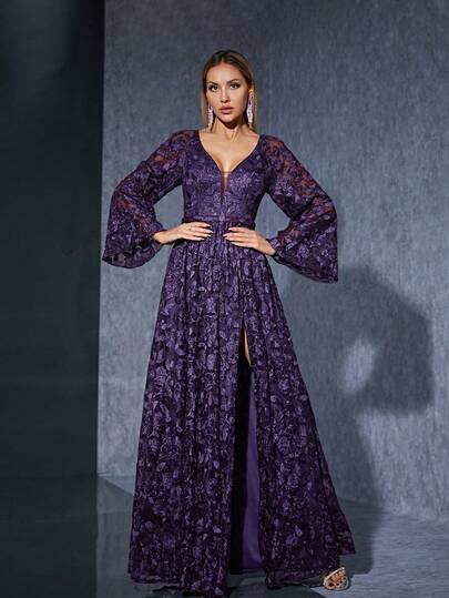 Đầm maxi Mgiacy màu tím ren hoa cổ chữ V tay xòe xẻ cao, đầm hè thanh lịch dành cho nữ, thích hợp cho dạ hội, tiệc tối, tiệc tùng và lễ hội.