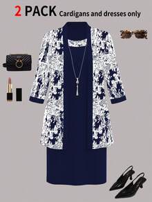 Bộ đồ 2 món dành cho nữ cỡ lớn, áo khoác cardigan in họa tiết tối giản thanh lịch + váy midi thoải mái có eo điều chỉnh được, thích hợp cho mùa Thu/Đông/Hè. - Xanh nước biển 48 - Xem 2
