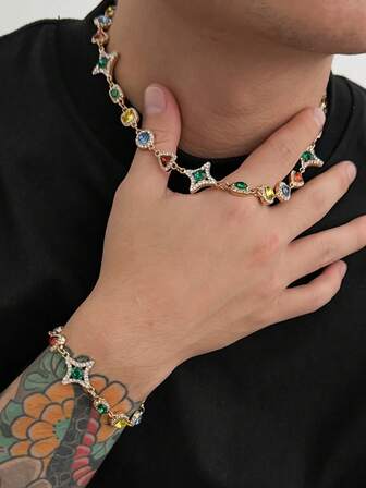 Men's Vintage Luxury Mixed Color Gemstone Necklace, High-End Versatile Sparkling Rhinestone Choker, Suitable For Formal Occasions, Young Adults, College Students, Summer, Autumn/Winter, Music Festivals, Outdoor Activities, Sports, Graduation/Birthday Gifts, Daily Wear, Christmas, Father's Day Gifts