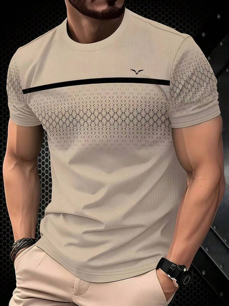 KOVSEE Men's Colorblock Striped Seagull Print Gradient Color Short Sleeve T-Shirt, Outdoor Sports Casual Daily Running Basketball Football Breathable Quick-Dry Fitness Tee, Gift For Boyfriend