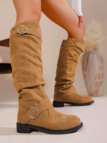 Sepatu Bot Fashion Baru dengan Ujung Lancip dan Lipatan Hak Tinggi, Hak Tebal, Ukuran Besar, Sepatu Bot Bergaya Inggris dengan Betis Tinggi untuk Musim Gugur - Coklat - View 6