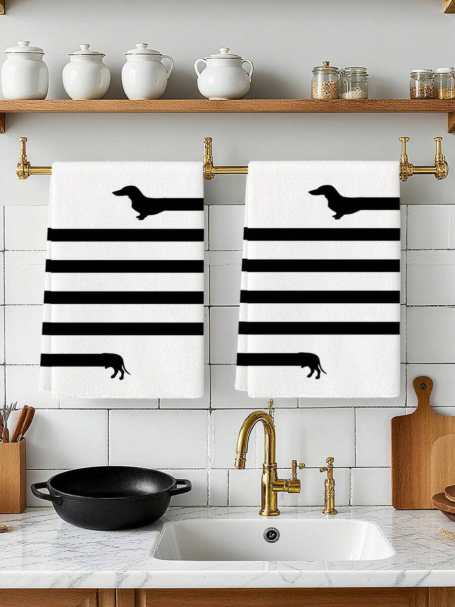2Pcs Simple Animals Dish Cloths Microfiber Black White Stripe Dachshund Silhouette Cute Pet Lover Kitchen Daily Use - Black and White - View 1
